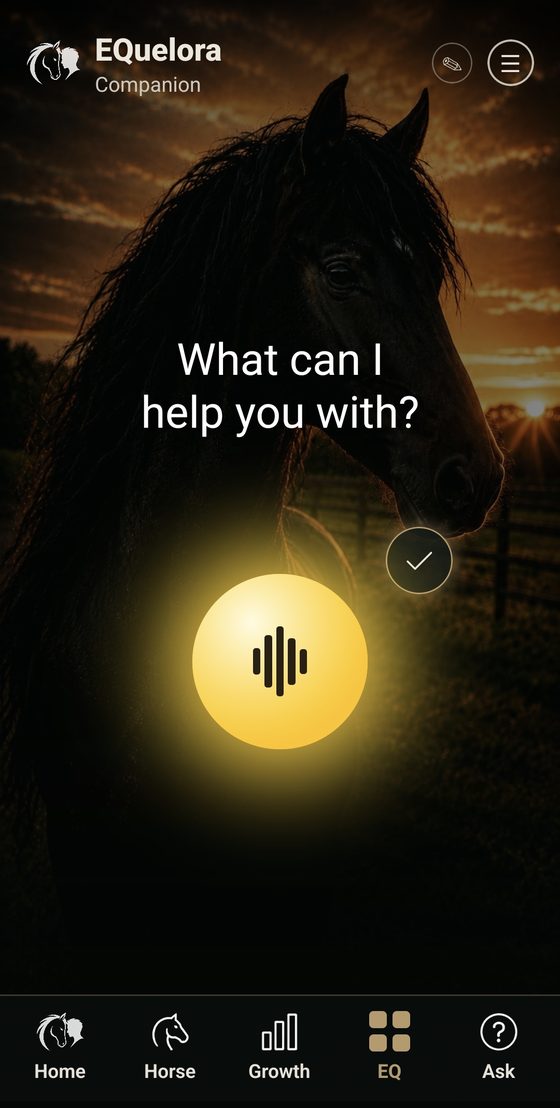 The EQuelora Companion home screen, with the speak button in the middle